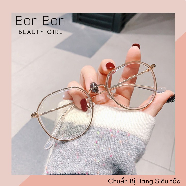 Kính Gọng Tròn Gỉa Cận Viền Bọc Kim Loại Kiểu Dáng Thời Trang, Kính Mắt Trong 0 độThay Thế Kính Cận