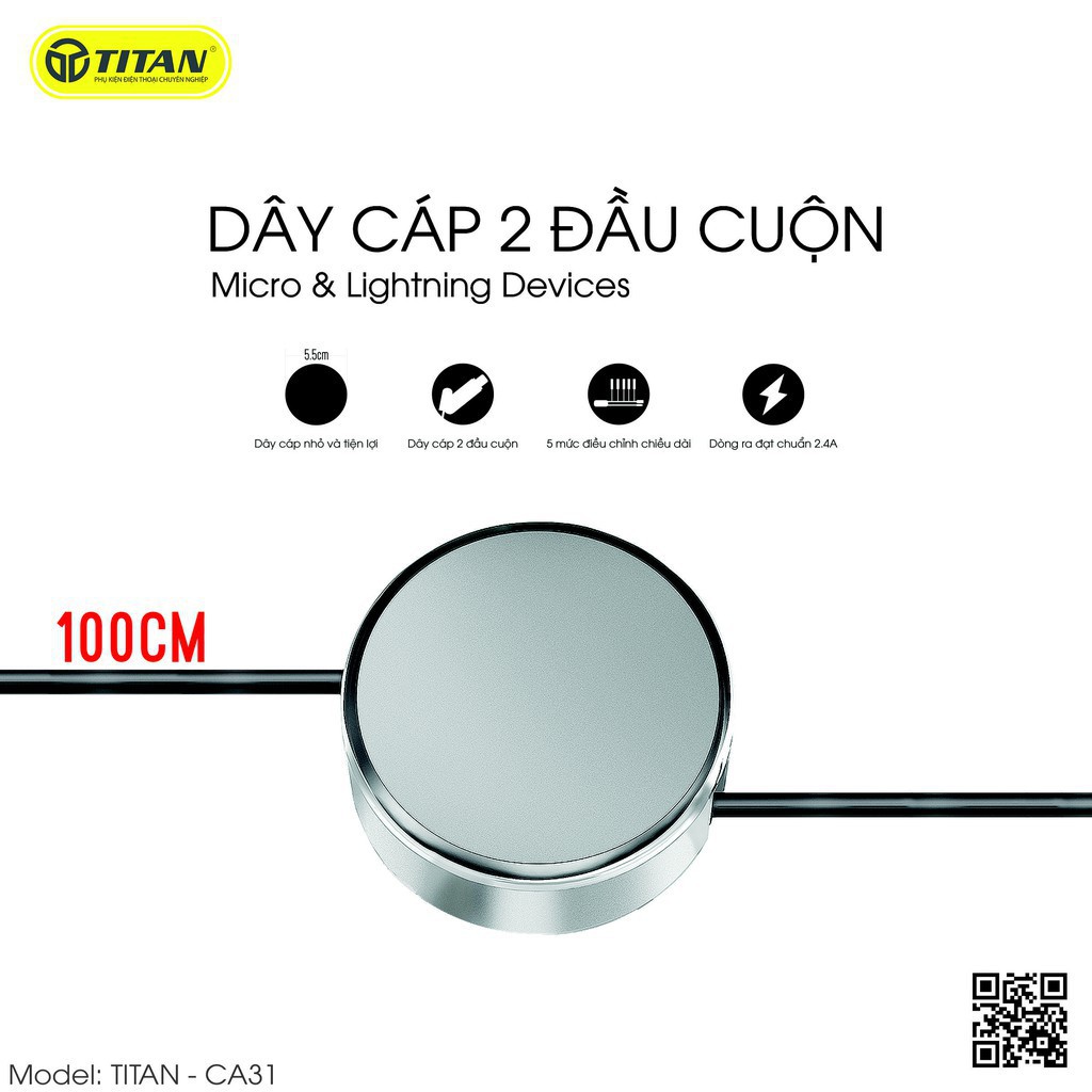 Cáp Cuộn Dây Rút 2 Trong 1 Chân Lightning & Micro TITAN - CA31