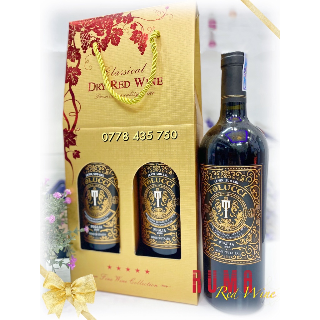 Hộp giấy 2 chai vang Ý Tolucci 14 Rosso