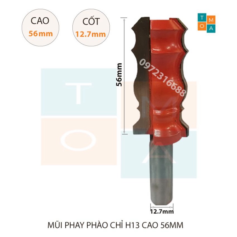 MŨI SOI GỖ - MŨI PHAY GỖ ĐÁNH CHỈ PHÀO H13 CAO 56MM CỐT 12.7MM - CHỈ PHÀO NÓC - PHÀO NẸP HÀNG VIỆT NAM