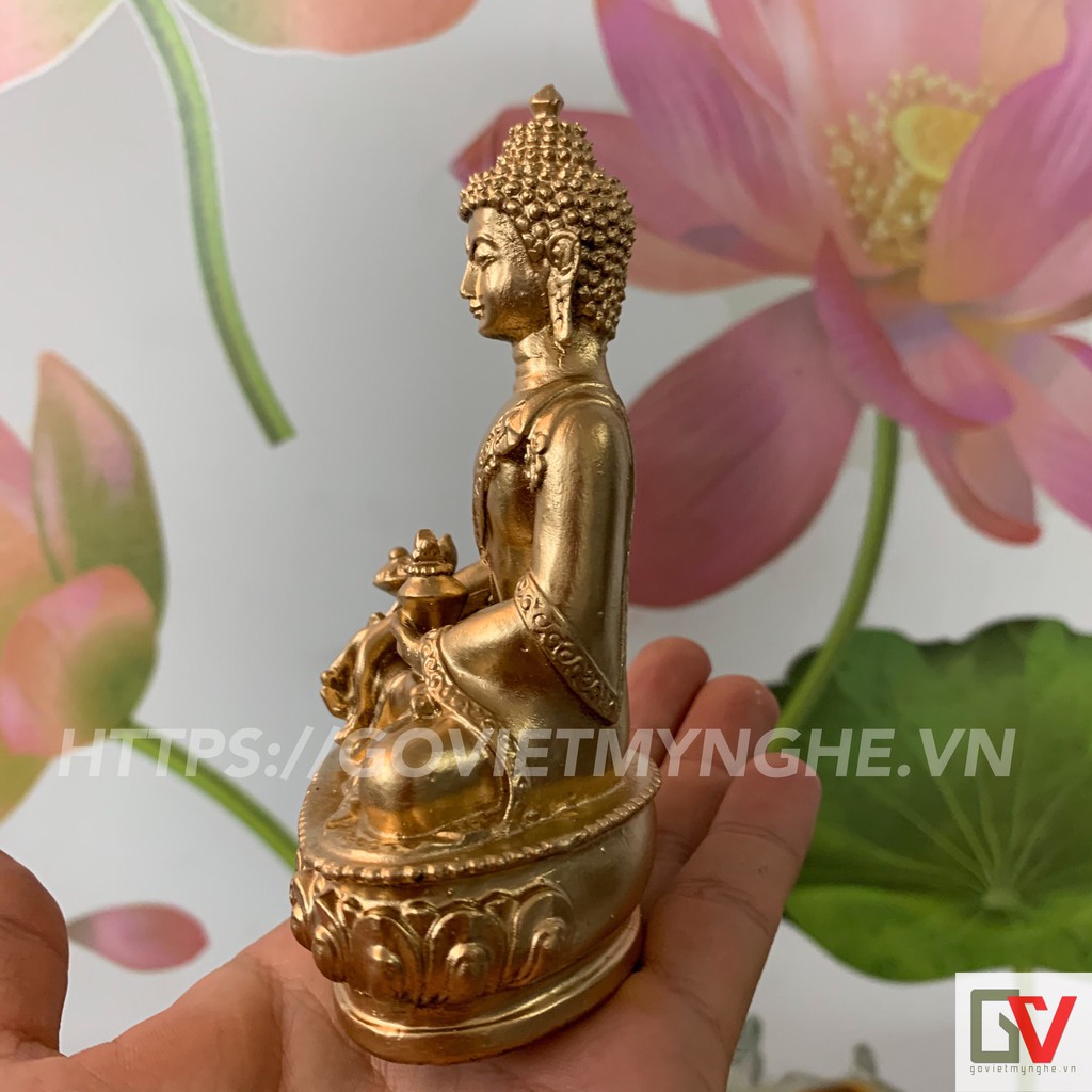 [Tượng phật Dược Sư] Tượng đá Phật Dược Sư Lưu Ly Quang ngồi tòa sen - Cao 12cm - Màu nhũ đồng