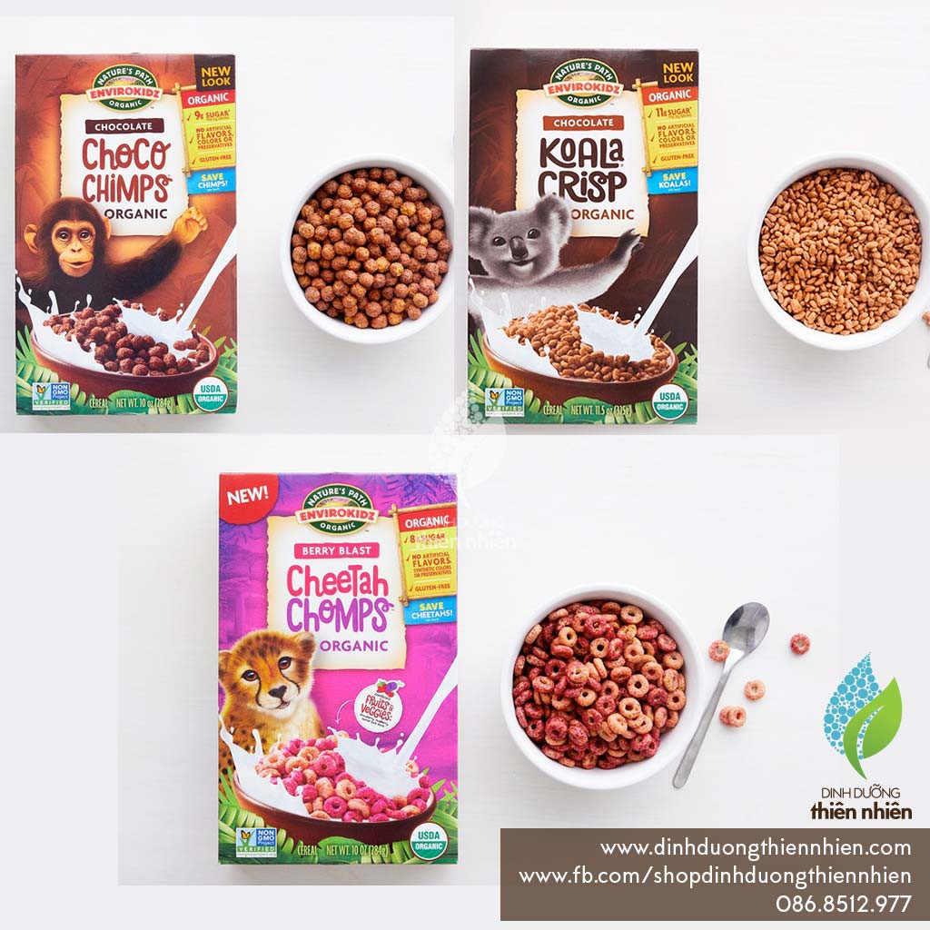 Ngũ Cốc Hữu Cơ Cho Bé Nature's Path EnviroKidz Organic Chocolate Coco Chimps, Chocolate Koala Crisp, Berry Blast Cheetah