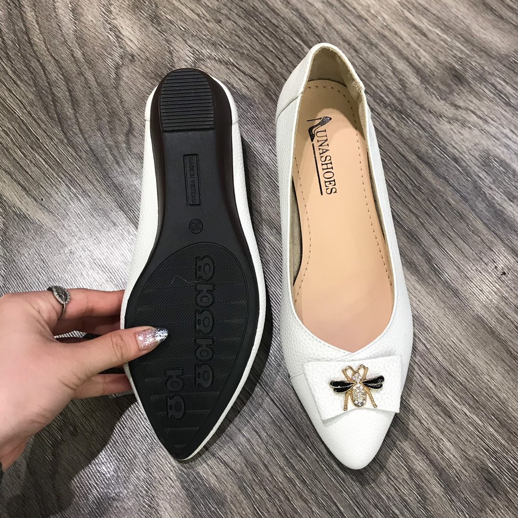 Giày đế xuồng búp bê nữ 4 phân Lunashoes (25803) mũi nhọn da thật có nơ con ong cao cấp dễ đi kiểu Hàn quốc nhiều màu