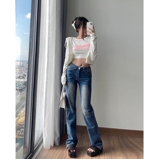    HÌNH THẬT   MSS06 Quần jeans lưng thấp - Áo khoác trắng gân dày co giãn 