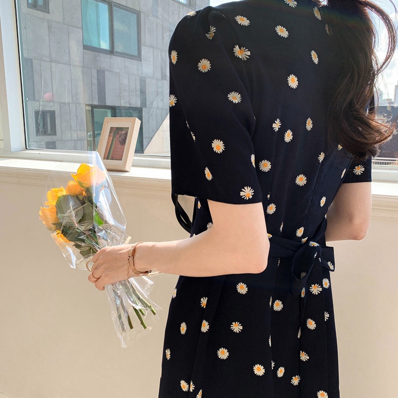 Korean S-XL Daisy Floral Women Chiffon Short Sleeve Summer Dress