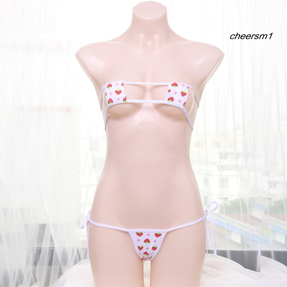 Nội y bộ đồ lót Women Sexy Bikini Strawberry Block Lace Up Bra Panties Briefs Erotic Underwear