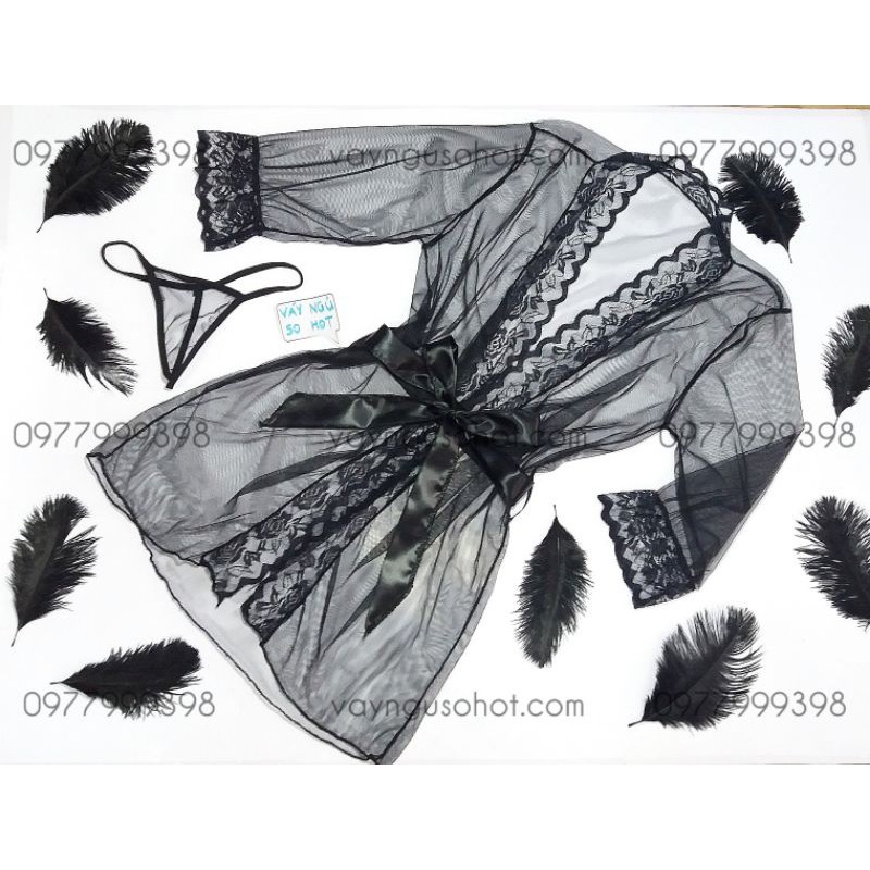 ( clip tự quay + ảnh thật tự chụp ) áo choàng ngủ đen trong suốt viền ren sexy | BigBuy360 - bigbuy360.vn