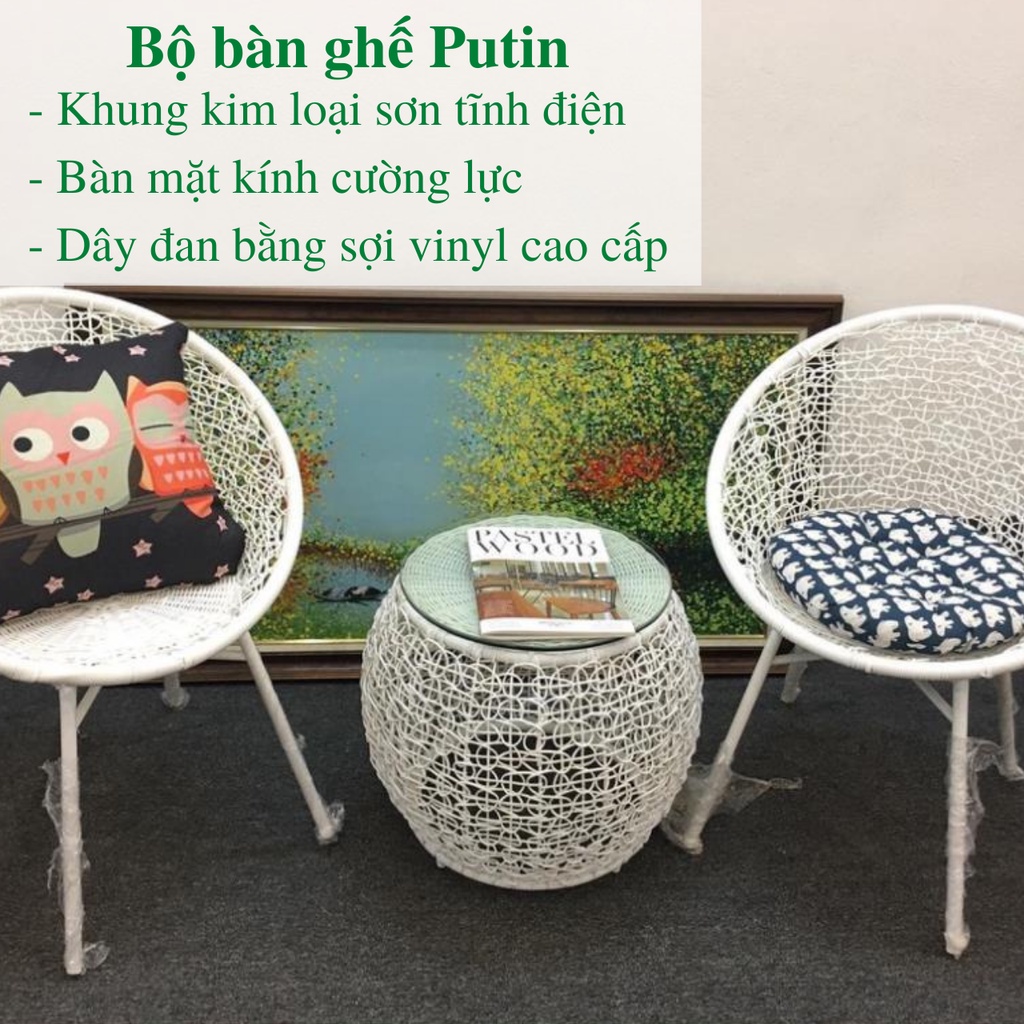 Bộ bàn ghế ban công PuTin gồm 1 bàn và 2 ghế giả mây lõi thép dùng thư giãn trang trí phòng khách sân vườn / Healhomes