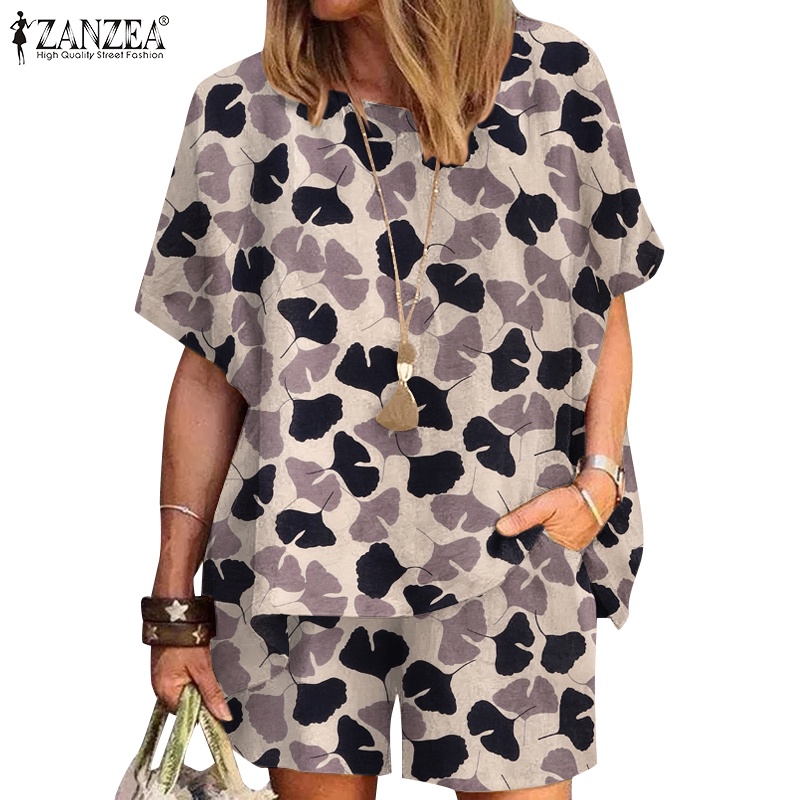 Bộ đồ nữ ZANZEA gồm áo tay cánh dơi và quần eo thun họa tiết in vintage thời trang