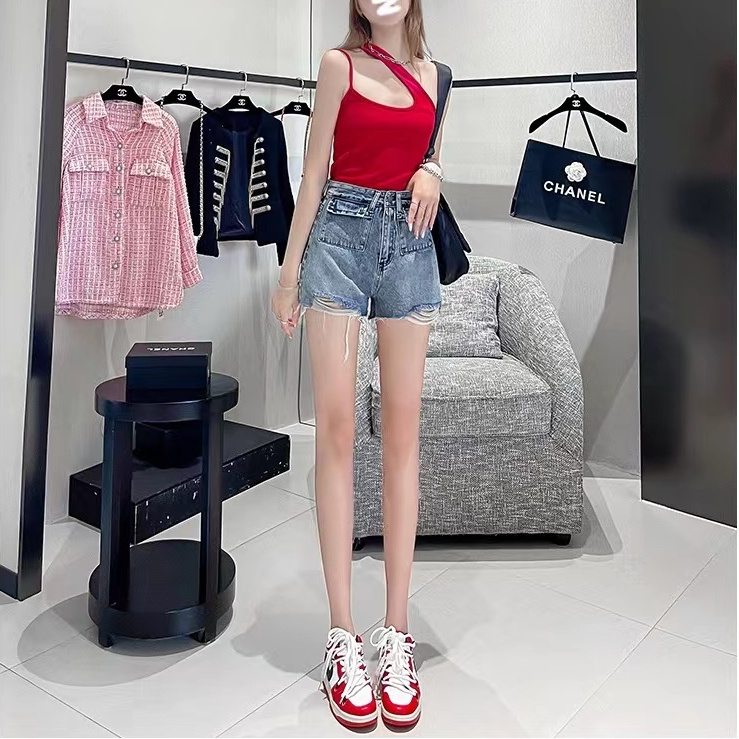 Quần Short Denim Ống Rộng Lưng Cao Màu Trơn Thời Trang Mùa Hè Hàn Quốc Cho Nữ