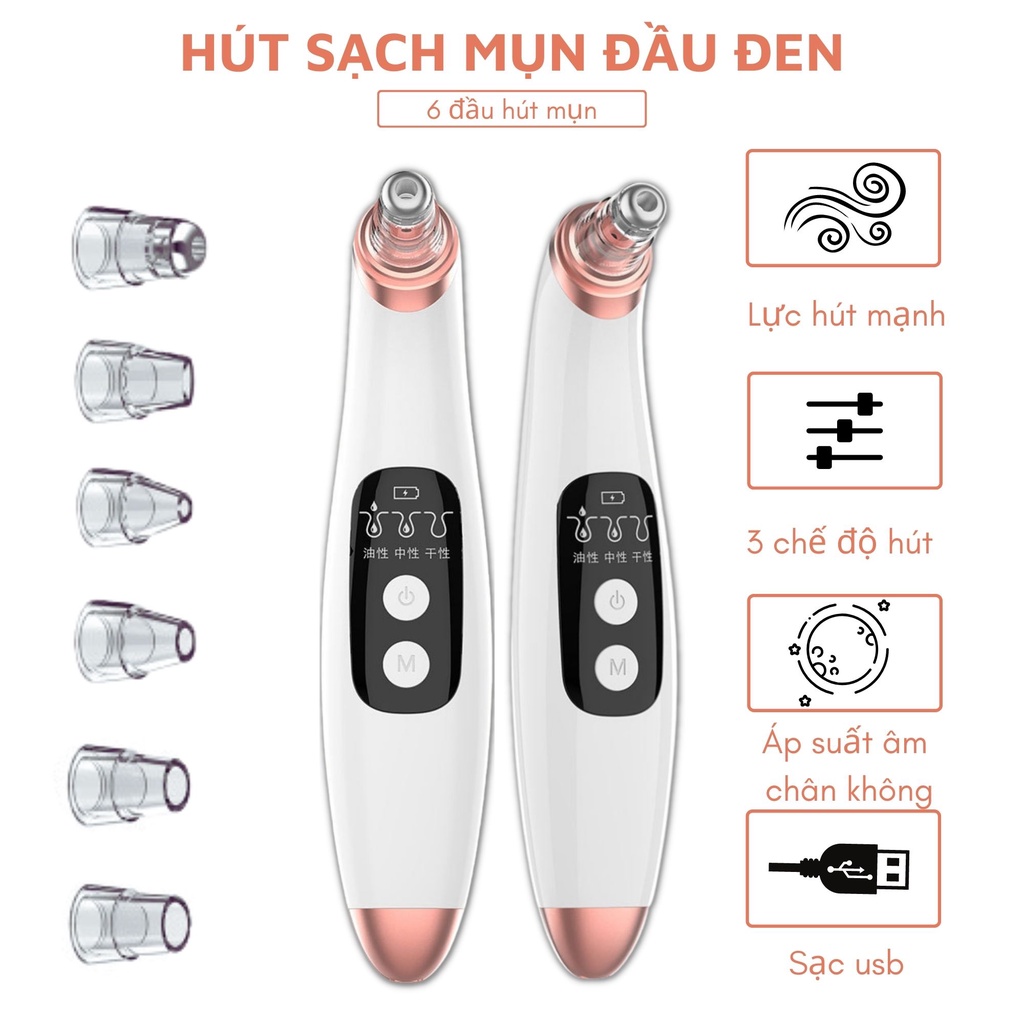 Máy hút mụn, hút mụn đầu đen, mụn cám, bã nhờn... kèm 6 đầu hút đa dạng phù hợp cho mọi loại da H2c