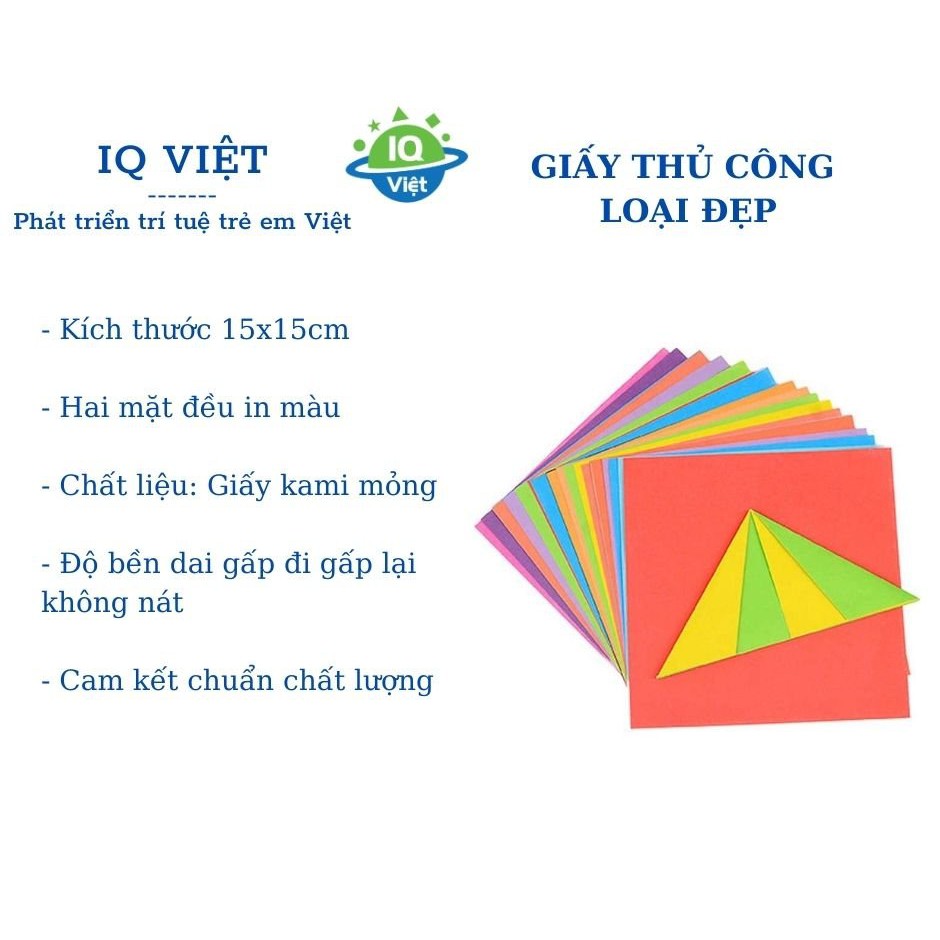 Bộ giấy thủ công mỹ thuật IQ VIỆT đủ các màu sắc cho bé combo 10 tờ màu khác nhau kích thước 15x15