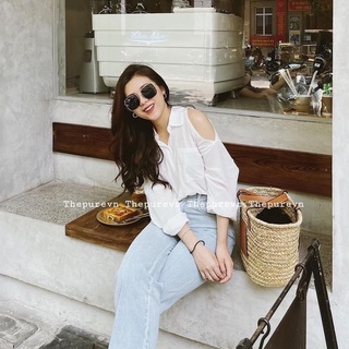 Áo sơ mi nữ trắng xẻ vai chất đũi tằm mềm mát L12