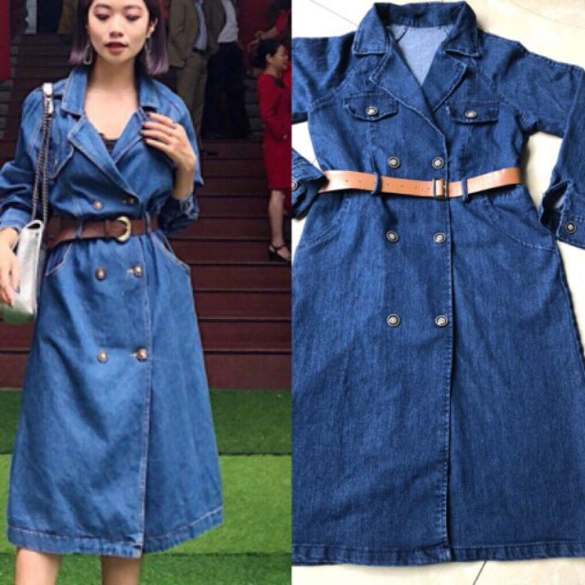 Đầm sơ mi jean cổ vest kèm đai