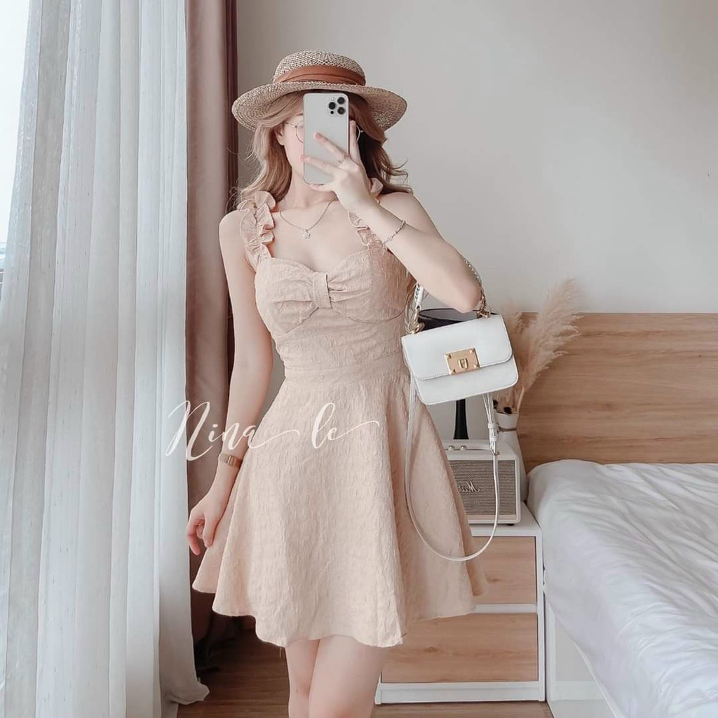 Váy đầm nữ xoè hai dây bèo vai kết nơ ngực  dễ thương
