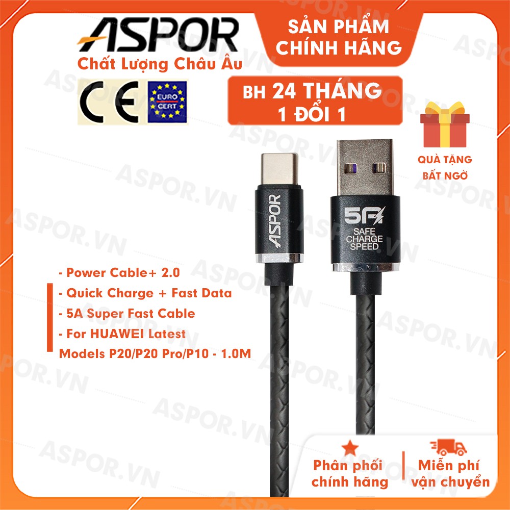 Cáp sạc USB-Type C Super Fast charge 5A,dây sạc nhanh Aspor A151-hàng chính hãng