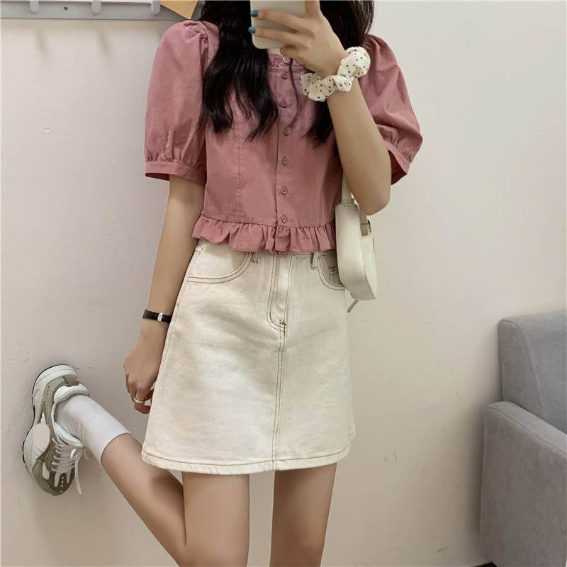Áo Croptop Tay Ngắn Cổ Vuông Kiểu Pháp Thiết Kế Ngọt Ngào Cho Nữ