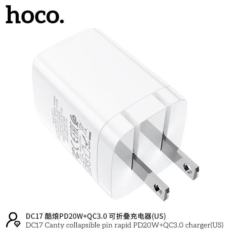 Củ sạc nhanh Hoco DC17 2 cổng kép ( Type-C + USB ) hỗ trợ PD 20W, sạc nhanh 3A, Quick Charger 3.0, chân cắm gấp gọn