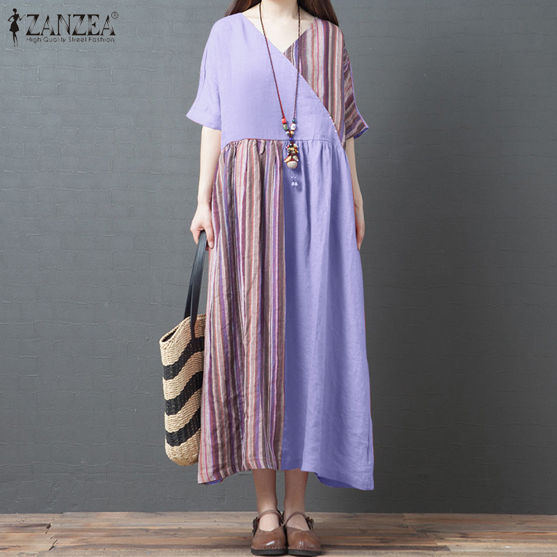 Đầm ZANZEA Dáng Rộng Tay Ngắn Cổ Chữ V Màu Trơn Phối Kẻ Sọc Thời Trang Cho Nữ
