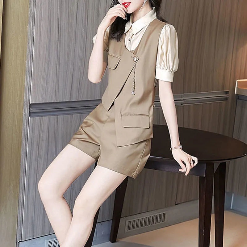 Set áo sơ mi ngắn tay + quần short + áo vest phong cách retro thời trang mùa hè mới cho nữ