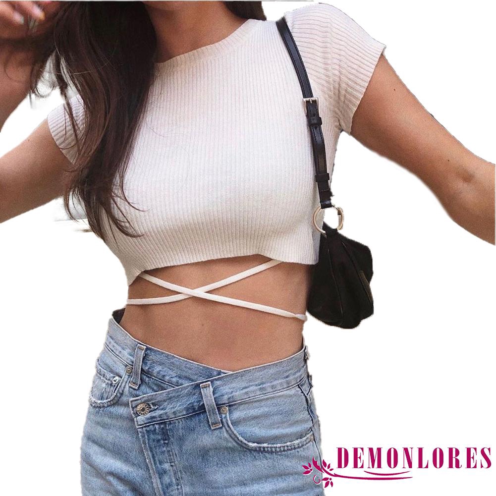 Áo Croptop Dệt Kim Tay Ngắn Thiết Kế Dây Đan Chéo Quyến Rũ