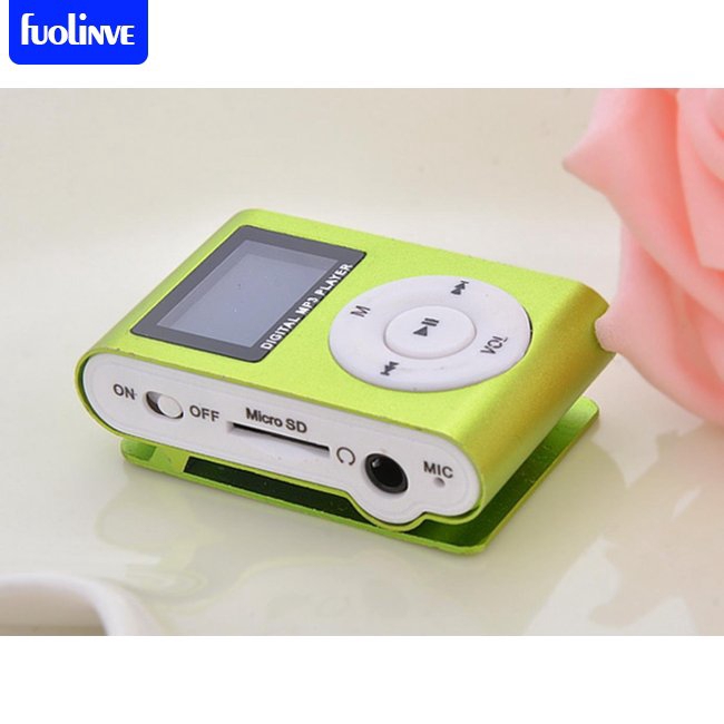 Máy nghe nhạc MP3 mini màu xanh lá có ghim cài với hỗ trợ cổng USB FM Radio màn hình LCD cho thẻ nhớ 32GB Micro SD