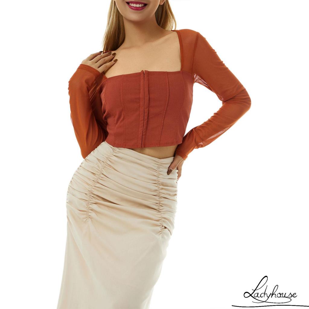 Áo Thun Croptop Tay Dài Cổ Vuông Màu Trơn Thời Trang Xuân Thu Dành Cho Nữ