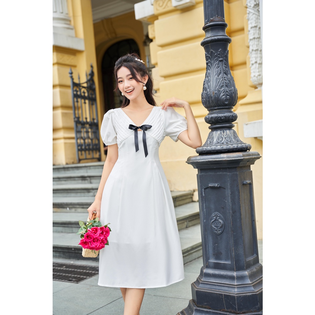 Váy trắng tiểu thư đi tiệc phối cổ nơ sang choảnh trắng li ngực đính nơ yv05 YAME