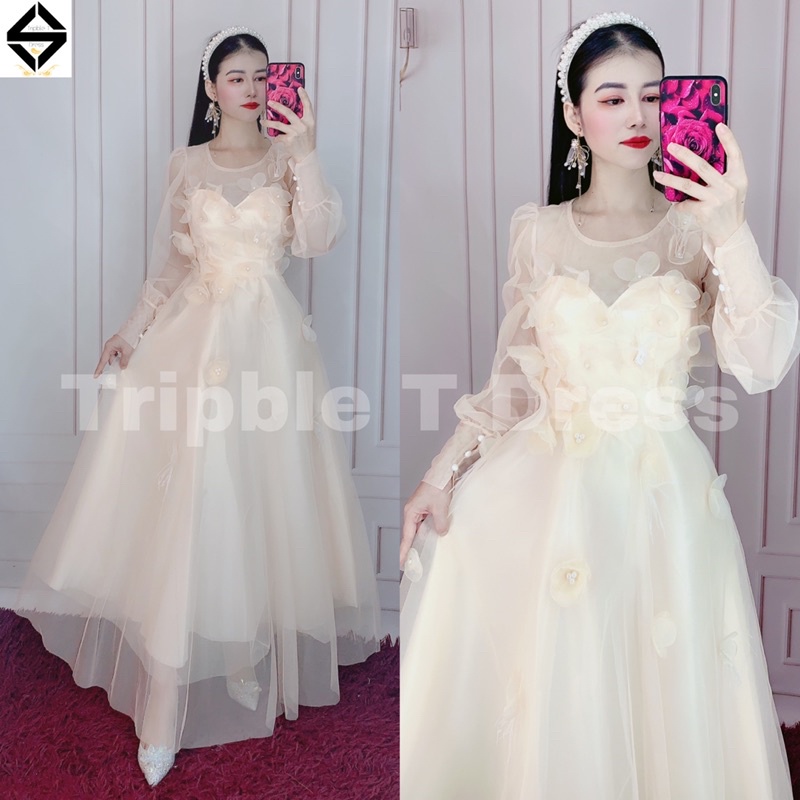 Đầm xoè tay dài phồng kết hoa nổi 3D TRIPBLE T DRESS  - size M/L - MS202V