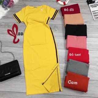 Đầm thun ôm body mới viền sọc xẻ lai đủ màu