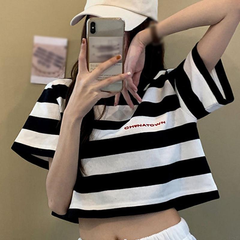 Áo Thun Tay Ngắn Dáng Rộng Kẻ Sọc Ngang Trẻ Trung Phong Cách Hàn Quốc Cho Nữ