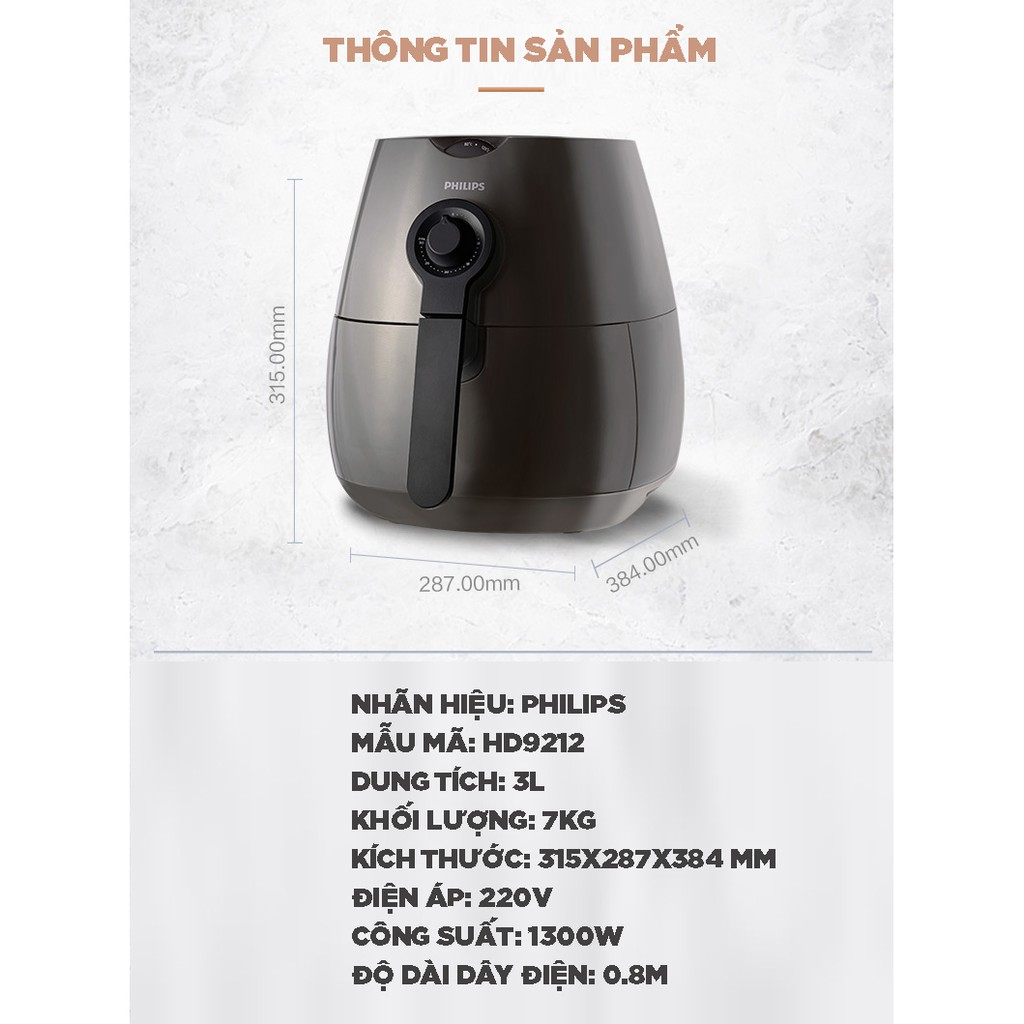 [HÀNG ORDER] NỒI CHIÊN KHÔNG DẦU KHÔNG KHÍ ĐIỆN TỬ ĐỐI LƯU PHILIPS HD9212 1300W 220V 50Hz