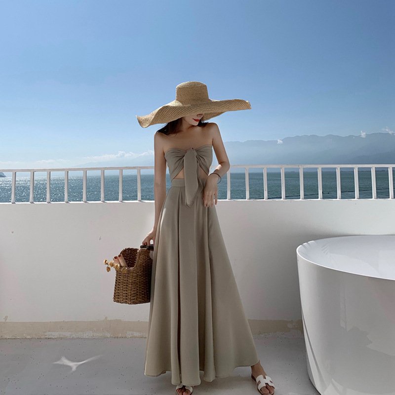 Váy đi biển nữ đầm đi tiệc maxi sang chảnh kiểu Hàn Quốc crotop trễ vai buộc nơ ngực màu xám xinh xắn  053 D4T4