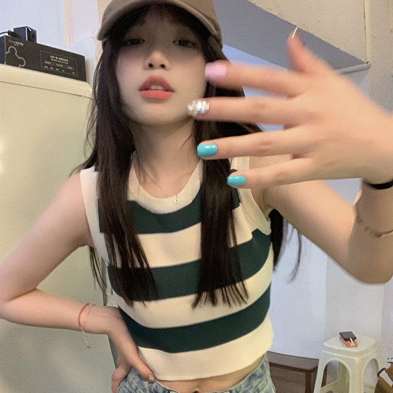 AMOI Áo Hai Dây Dệt Kim Kẻ Sọc Dáng Ngắn Thời Trang 2022 Cho Nữ