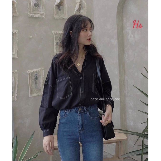 áo sơ mi dài tay chỉ nổi baisic phồng to