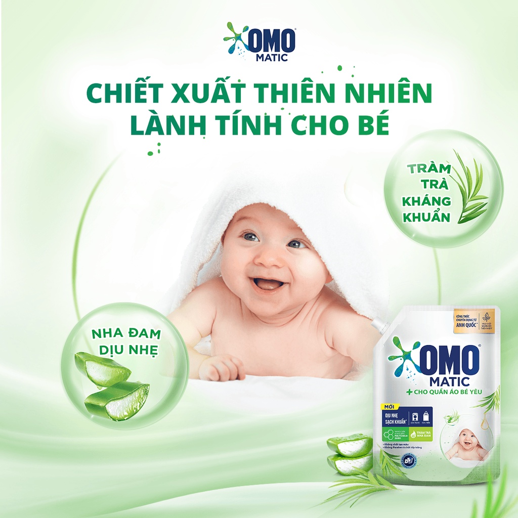 Combo 2 Túi Nước Giặt Omo Matic Baby Cho Quần Áo Bé Yêu 3.6kg/túi