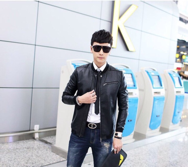 Áo khoác da kiểu dáng bomber thời trang nam cao cấp