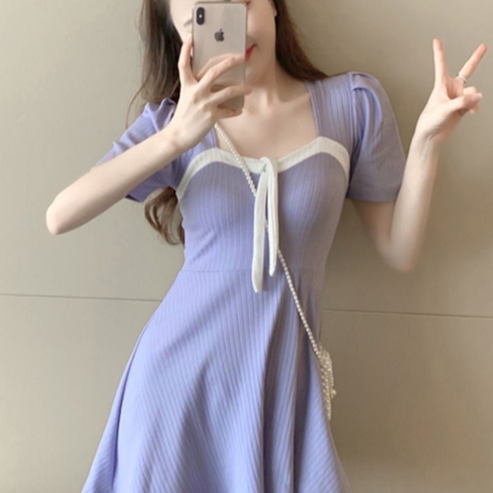 Đầm Chữ A Cổ Vuông Phong Cách Retro Xinh Xắn Cho Nữ