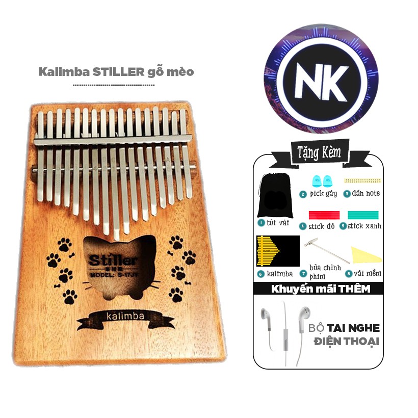 Đàn Kalimba Stiller 17 Phím Gỗ Mèo Tặng Kèm Tai Nghe Điện Thoại - Hàng Có Sẵn