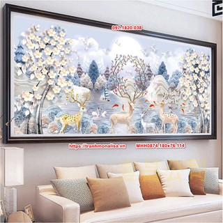 Tranh thêu kín Hươu Nai Tuần Lộc phát tài kích thước lớn 195x78 cm