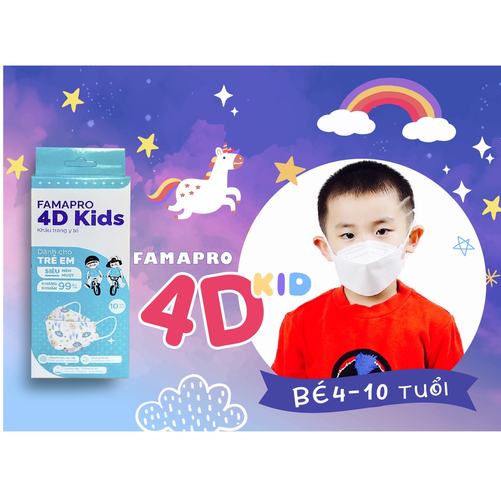 Khẩu trang y tế trẻ em, khẩu trang bé 4D kids Famapro  siêu mềm mượt, kháng khuẩn 99% hộp 10 cái