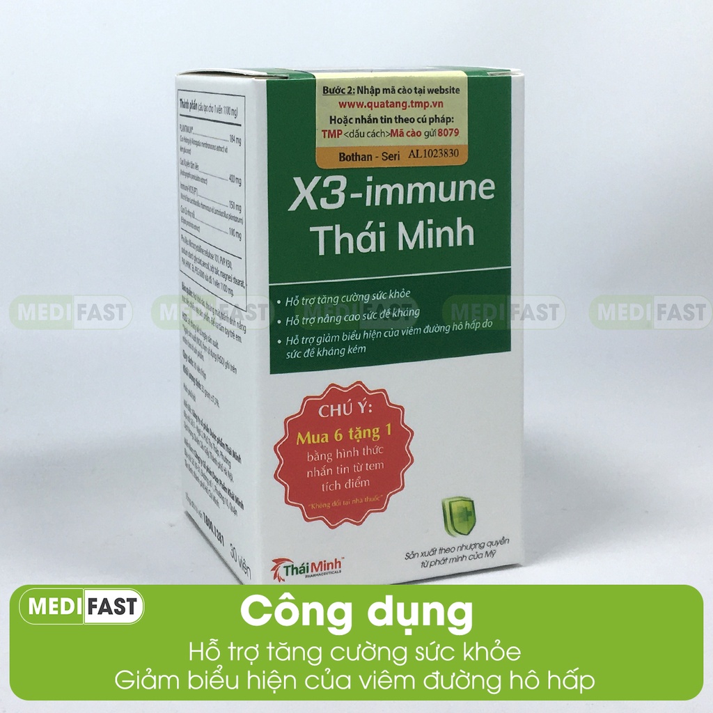 Tăng cường sức đề kháng X3 Immune Thái Minh từ Xuyên tâm liên Hộp 30 viên, nâng miễn dịch đường hô hấp