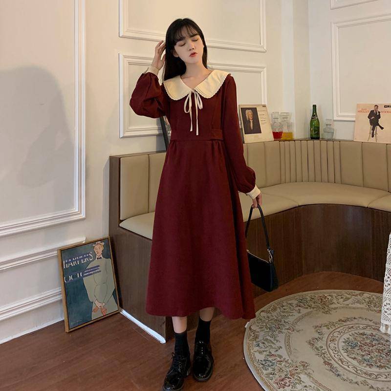 Váy babydoll Đầm Đen Tay Dài Cổ Búp Bê Phong Cách Pháp Thời Trang Thu Đông Cho Nữ