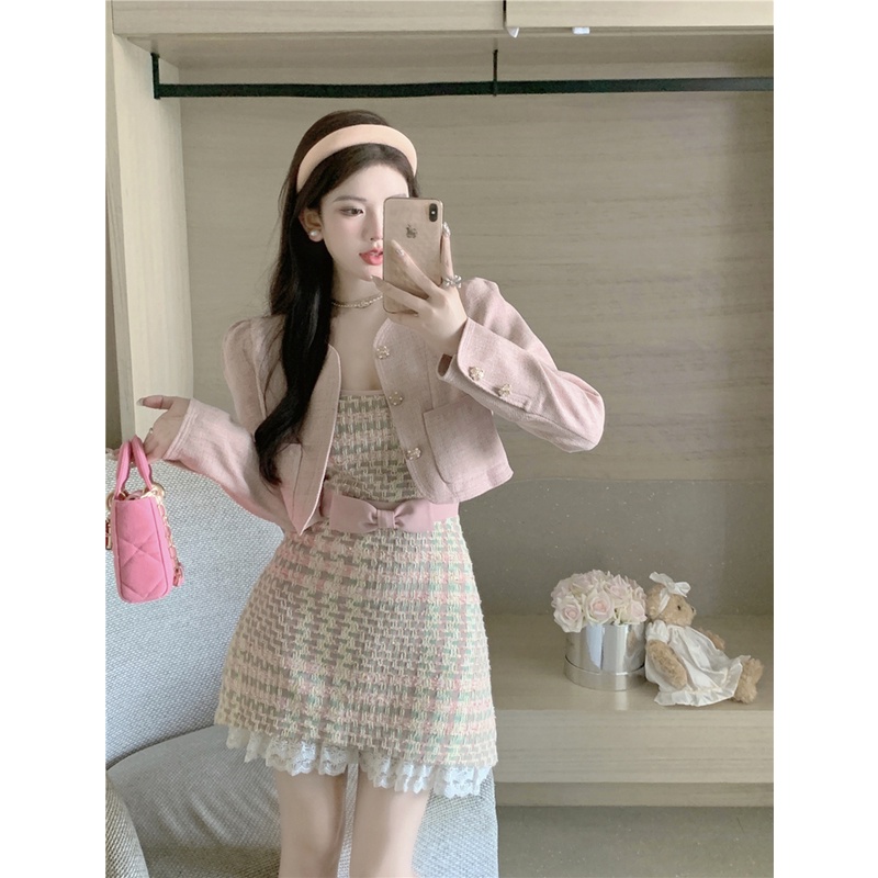 Áo Khoác Mùa Thu + Đầm Hai Dây Thắt Nơ Gợi Cảm Cho Nữ