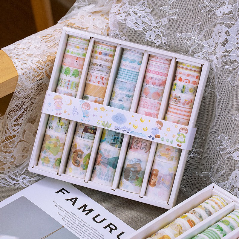 Set 50 cuộn băng dính trang trí washi tape hộp lớn có tách lẻ