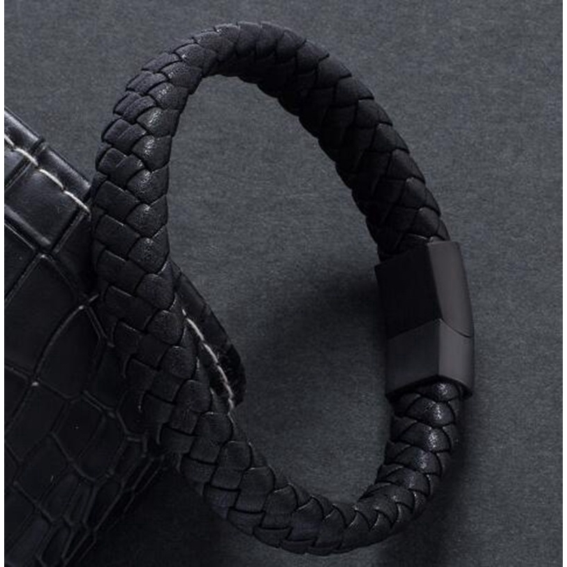 Vòng tay da bện tay màu đen cho nam
