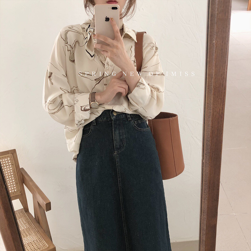 Áo Sơ Mi Voan Tay Dài Dáng Rộng In Họa Tiết Độc Đáo Phong Cách Retro Hàn Quốc