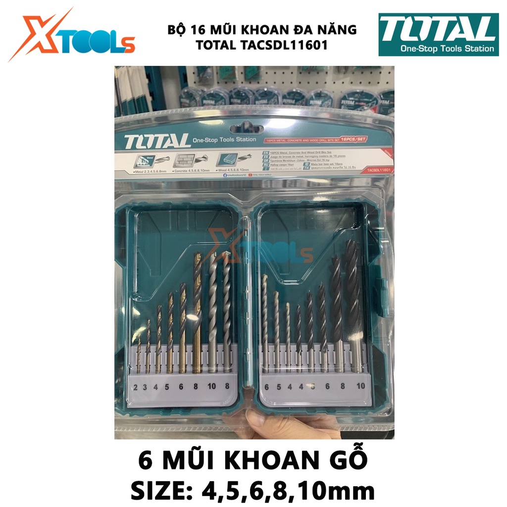 Bộ 16 mũi khoan bê tông/gỗ/sắt thép/siết ốc vít TOTAL TACSDL11601, combo 16 mũi khoan đa năng thông dụng đuôi trơn