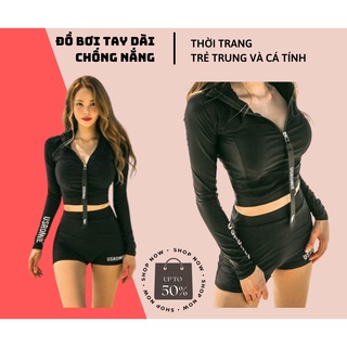 Đồ bơi tay dài, nữ crop đen phối khóa kéo hai mảnh