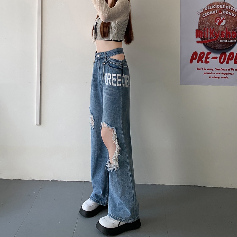 Quần jean dài ống rộng thiết kế rách lỗ thời trang dành cho nữ